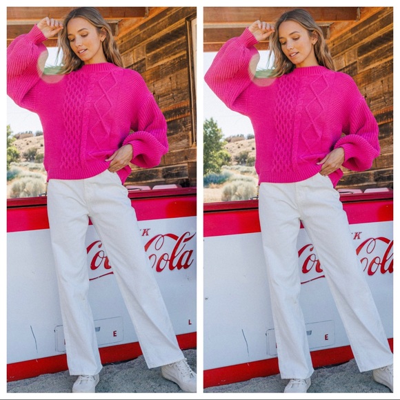 💙Boho Absolutely Beautiful Puff Long Sleeve Cable Sweater Top - Picture 6 of 7